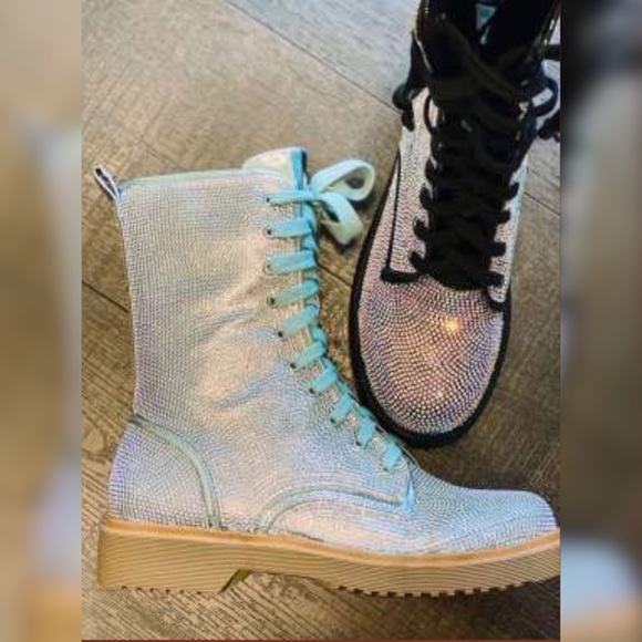 Pazzle BETSY Combat Silver Rhinestone Embellished Lace-up Tall Metallic Boot - Picture 10 of 10